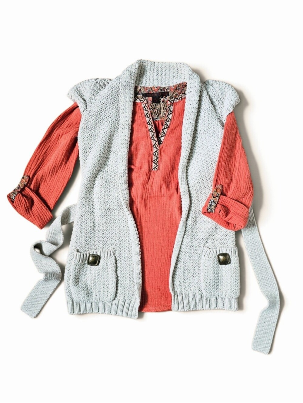 A Common Thread Blouse + American Rag Crochet Knit Vest Bohemian Bundle, Suze XS